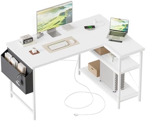 Mericonia Gaming Desk with Power Outlets & LED Lights  Reversible Computer Desk with PC Case Stand  Fabric Drawers  Modern Office Desk with Shelves  Monitor Stand