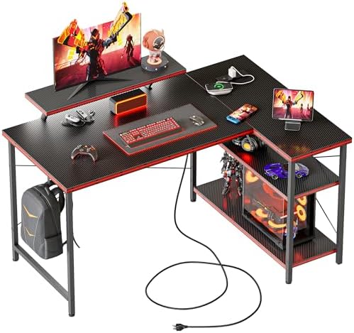 Mericonia Gaming Desk with Power Outlets & LED Lights  Reversible Computer Desk with PC Case Stand  Fabric Drawers  Modern Office Desk with Shelves  Monitor Stand