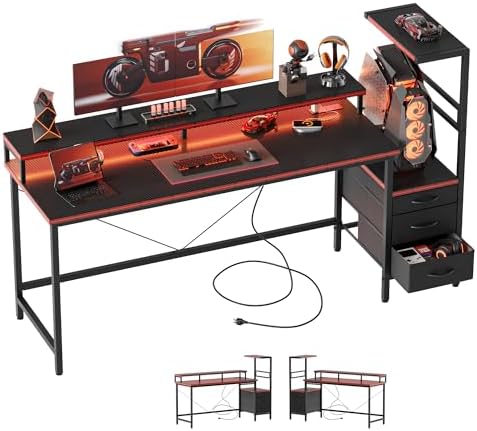 Mericonia Gaming Desk with Power Outlets & LED Lights  Reversible Computer Desk with PC Case Stand  Fabric Drawers  Modern Office Desk with Shelves  Monitor Stand