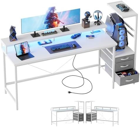 Mericonia Gaming Desk with Power Outlets & LED Lights  Reversible Computer Desk with PC Case Stand  Fabric Drawers  Modern Office Desk with Shelves  Monitor Stand