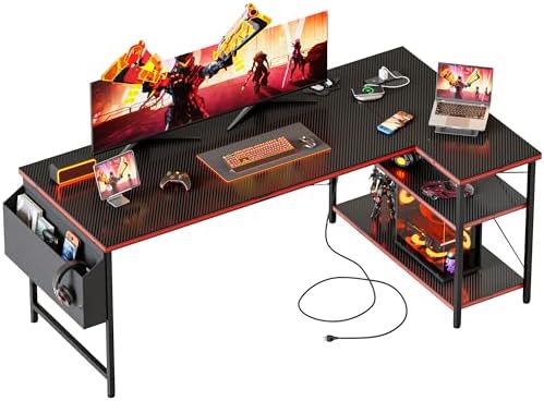 Mericonia Gaming Desk with Power Outlets & LED Lights  Reversible Computer Desk with PC Case Stand  Fabric Drawers  Modern Office Desk with Shelves  Monitor Stand