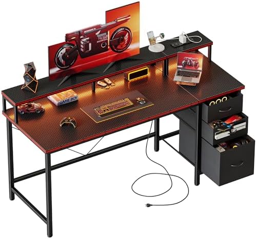Mericonia Gaming Desk with Power Outlets & LED Lights  Reversible Computer Desk with PC Case Stand  Fabric Drawers  Modern Office Desk with Shelves  Monitor Stand
