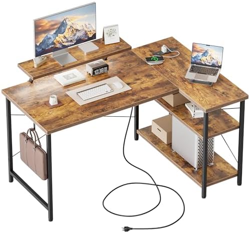 Mericonia Gaming Desk with Power Outlets & LED Lights  Reversible Computer Desk with PC Case Stand  Fabric Drawers  Modern Office Desk with Shelves  Monitor Stand