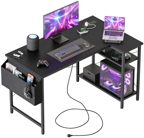 Mericonia Gaming Desk with Power Outlets & LED Lights  Reversible Computer Desk with PC Case Stand  Fabric Drawers  Modern Office Desk with Shelves  Monitor Stand