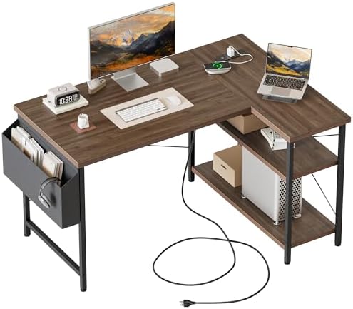 Mericonia Gaming Desk with Power Outlets & LED Lights  Reversible Computer Desk with PC Case Stand  Fabric Drawers  Modern Office Desk with Shelves  Monitor Stand