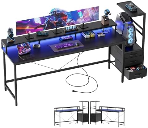 Mericonia Gaming Desk with Power Outlets & LED Lights  Reversible Computer Desk with PC Case Stand  Fabric Drawers  Modern Office Desk with Shelves  Monitor Stand