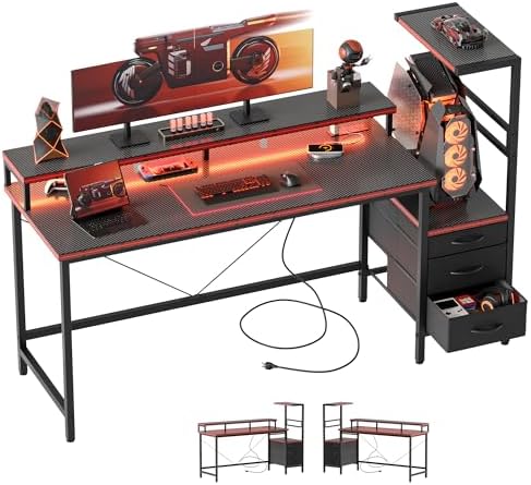 Mericonia Gaming Desk with Power Outlets & LED Lights  Reversible Computer Desk with PC Case Stand  Fabric Drawers  Modern Office Desk with Shelves  Monitor Stand