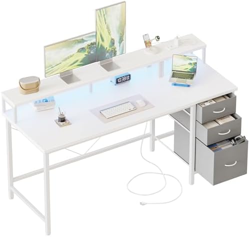 Mericonia Gaming Desk with Power Outlets & LED Lights  Reversible Computer Desk with PC Case Stand  Fabric Drawers  Modern Office Desk with Shelves  Monitor Stand