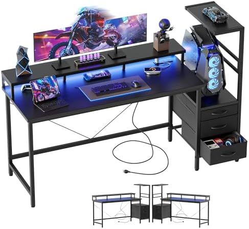 Mericonia Gaming Desk with Power Outlets & LED Lights  Reversible Computer Desk with PC Case Stand  Fabric Drawers  Modern Office Desk with Shelves  Monitor Stand