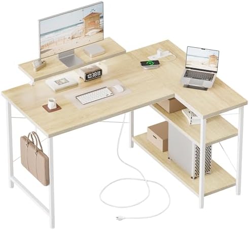 Mericonia Gaming Desk with Power Outlets & LED Lights  Reversible Computer Desk with PC Case Stand  Fabric Drawers  Modern Office Desk with Shelves  Monitor Stand