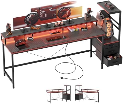 Mericonia Gaming Desk with Power Outlets & LED Lights  Reversible Computer Desk with PC Case Stand  Fabric Drawers  Modern Office Desk with Shelves  Monitor Stand