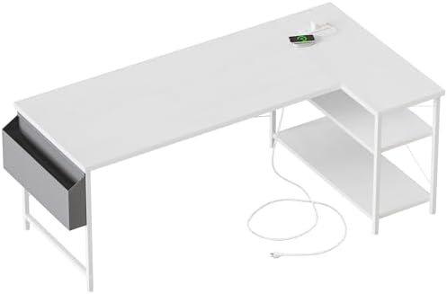 Mericonia Gaming Desk with Power Outlets & LED Lights  Reversible Computer Desk with PC Case Stand  Fabric Drawers  Modern Office Desk with Shelves  Monitor Stand