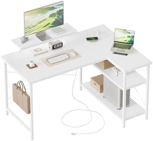 Mericonia Gaming Desk with Power Outlets & LED Lights  Reversible Computer Desk with PC Case Stand  Fabric Drawers  Modern Office Desk with Shelves  Monitor Stand