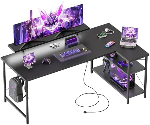 Mericonia Gaming Desk with Power Outlets & LED Lights  Reversible Computer Desk with PC Case Stand  Fabric Drawers  Modern Office Desk with Shelves  Monitor Stand