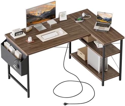 Mericonia Gaming Desk with Power Outlets & LED Lights  Reversible Computer Desk with PC Case Stand  Fabric Drawers  Modern Office Desk with Shelves  Monitor Stand