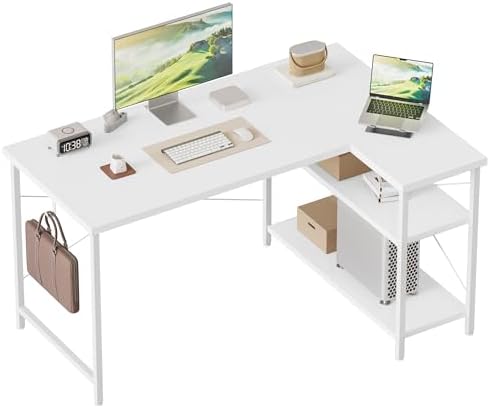 Mericonia Gaming Desk with Power Outlets & LED Lights  Reversible Computer Desk with PC Case Stand  Fabric Drawers  Modern Office Desk with Shelves  Monitor Stand