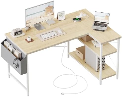 Mericonia Gaming Desk with Power Outlets & LED Lights  Reversible Computer Desk with PC Case Stand  Fabric Drawers  Modern Office Desk with Shelves  Monitor Stand