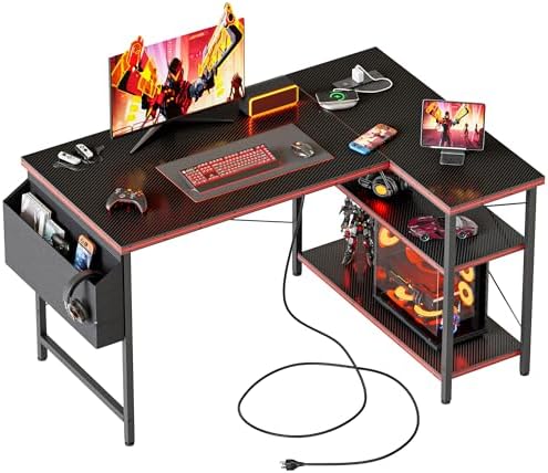 Mericonia Gaming Desk with Power Outlets & LED Lights  Reversible Computer Desk with PC Case Stand  Fabric Drawers  Modern Office Desk with Shelves  Monitor Stand