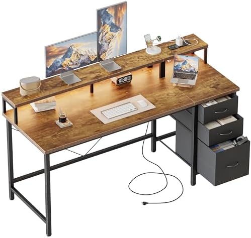 Mericonia Gaming Desk with Power Outlets & LED Lights  Reversible Computer Desk with PC Case Stand  Fabric Drawers  Modern Office Desk with Shelves  Monitor Stand