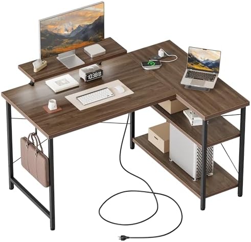 Mericonia Gaming Desk with Power Outlets & LED Lights  Reversible Computer Desk with PC Case Stand  Fabric Drawers  Modern Office Desk with Shelves  Monitor Stand