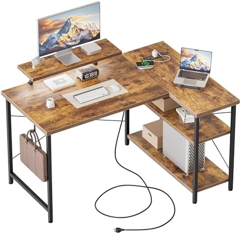 Mericonia Gaming Desk with Power Outlets & LED Lights  Reversible Computer Desk with PC Case Stand  Fabric Drawers  Modern Office Desk with Shelves  Monitor Stand