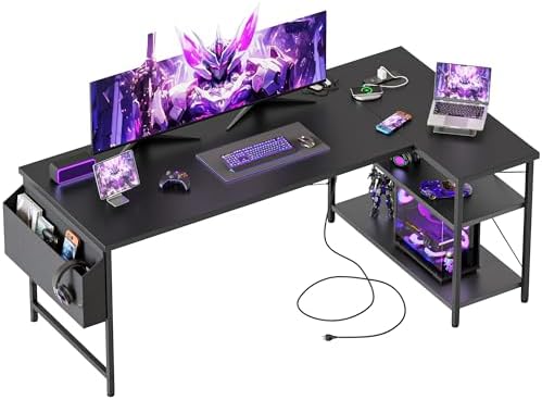 Mericonia Gaming Desk with Power Outlets & LED Lights  Reversible Computer Desk with PC Case Stand  Fabric Drawers  Modern Office Desk with Shelves  Monitor Stand
