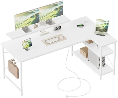 Mericonia Gaming Desk with Power Outlets & LED Lights  Reversible Computer Desk with PC Case Stand  Fabric Drawers  Modern Office Desk with Shelves  Monitor Stand