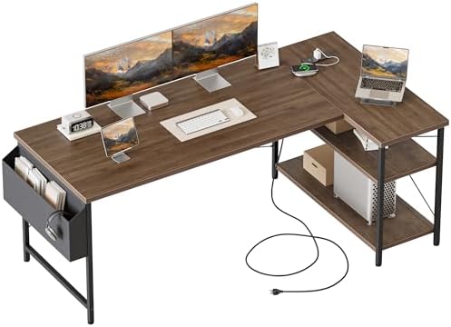 Mericonia Gaming Desk with Power Outlets & LED Lights  Reversible Computer Desk with PC Case Stand  Fabric Drawers  Modern Office Desk with Shelves  Monitor Stand