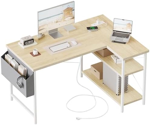 Mericonia Gaming Desk with Power Outlets & LED Lights  Reversible Computer Desk with PC Case Stand  Fabric Drawers  Modern Office Desk with Shelves  Monitor Stand