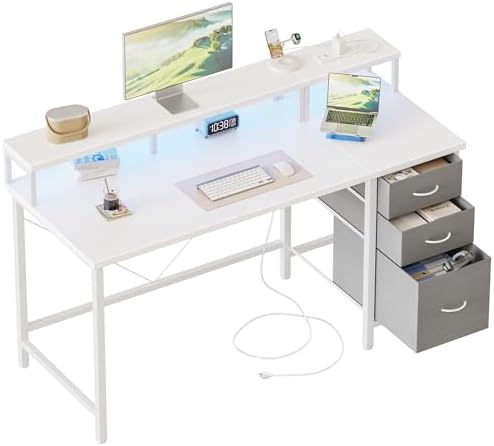 Mericonia Gaming Desk with Power Outlets & LED Lights  Reversible Computer Desk with PC Case Stand  Fabric Drawers  Modern Office Desk with Shelves  Monitor Stand