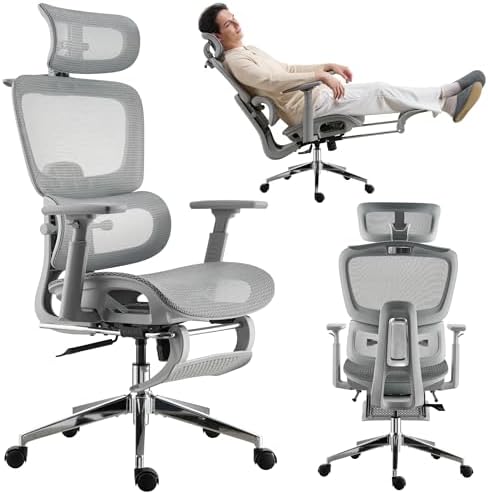 Mesh Ergonomic Office Chair with Footrest High Back Mesh Gaming Chair with Lumbar Support Adjustable Headrest and Armrests for Home Office Desk Chair  Modern  Grey 