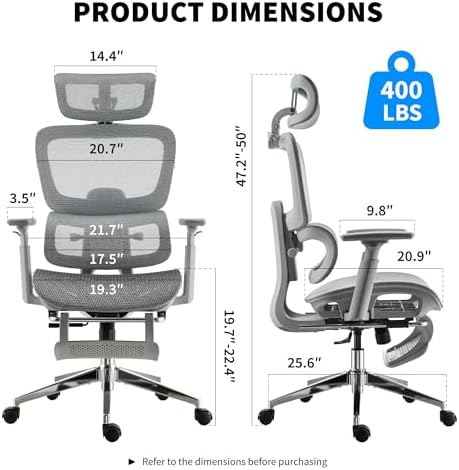 Mesh Ergonomic Office Chair with Footrest High Back Mesh Gaming Chair with Lumbar Support Adjustable Headrest and Armrests for Home Office Desk Chair  Modern  Grey 