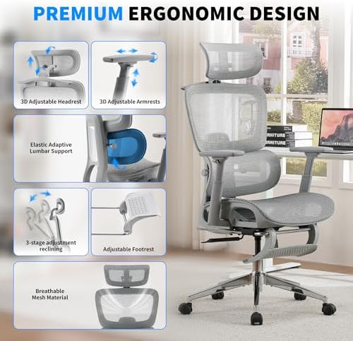 Mesh Ergonomic Office Chair with Footrest High Back Mesh Gaming Chair with Lumbar Support Adjustable Headrest and Armrests for Home Office Desk Chair  Modern  Grey 