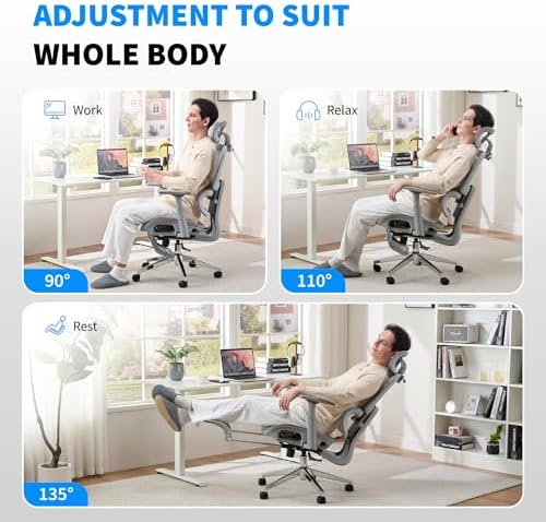 Mesh Ergonomic Office Chair with Footrest High Back Mesh Gaming Chair with Lumbar Support Adjustable Headrest and Armrests for Home Office Desk Chair  Modern  Grey 