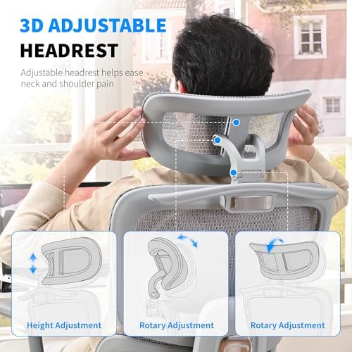 Mesh Ergonomic Office Chair with Footrest High Back Mesh Gaming Chair with Lumbar Support Adjustable Headrest and Armrests for Home Office Desk Chair  Modern  Grey 