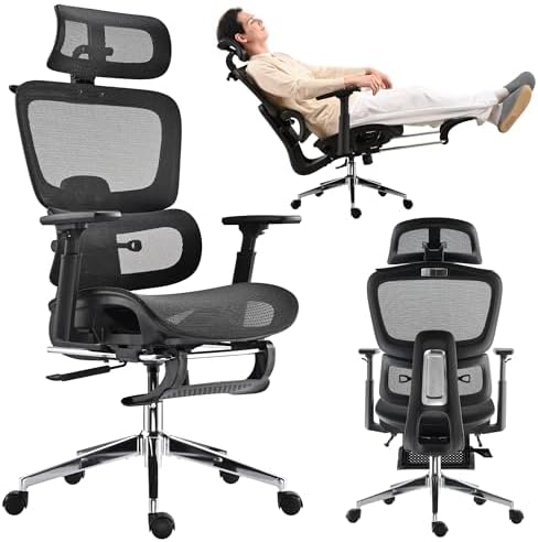 Mesh Ergonomic Office Chair with Footrest High Back Mesh Gaming Chair with Lumbar Support Adjustable Headrest and Armrests for Home Office Desk Chair  Modern  Grey 