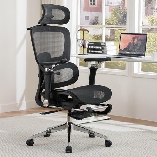 Mesh Ergonomic Office Chair with Footrest High Back Mesh Gaming Chair with Lumbar Support Adjustable Headrest and Armrests for Home Office Desk Chair  Modern  Grey 