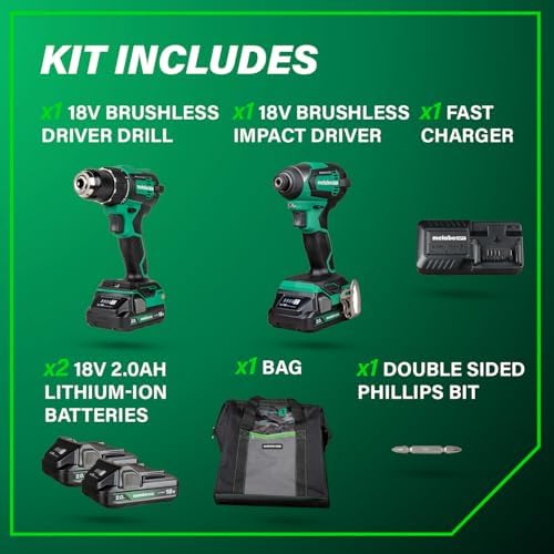 Metabo HPT 18V MultiVolt Cordless Brushless Driver Drill & Impact Driver Combo Kit  Power Tool Kit  2 Lithium Ion Metabo HPT Batteries and Charger  High Torque  Compact Lightweight Design  KC18DEXQB