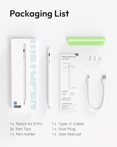 Metapen Pencil Air8 Pro for iPad 2018 2026  Ultra Quiet  2X Fast Charging  Palm Rejection Stylus Pen for iPad a16/11/10/9/8/7/6th Gen  Pro 12 9/11/13 inch M4  Air 3/4/5/M2/M3/M4  Mini 5/6th