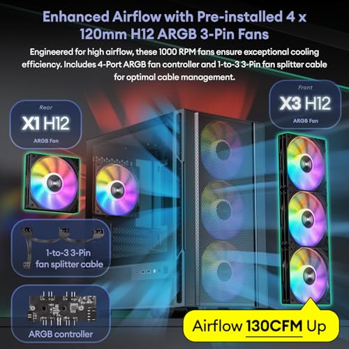 Micro ATX Case  4   120mm ARGB Non PWM Case Fans Pre Installed  MATX PC Case  Temper Glass Side Panel  with Type C  Black  Cypress 3 ARGB