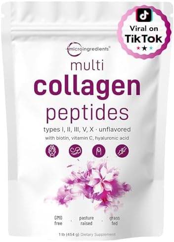 Micro Ingredients Multi Collagen Peptides Powder  1lb   Hydrolyzed Type I II III V X with Biotin 10000mcg  Hyaluronic Acid  Vitamin C   Unflavored Collagen for Women & Men  Easy Dissolve  41 Servings