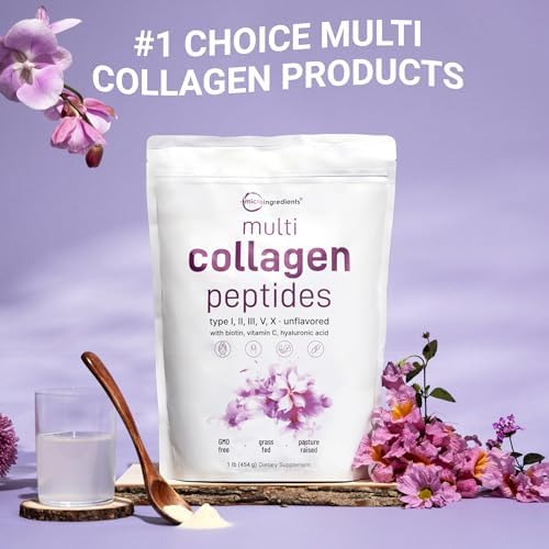 Micro Ingredients Multi Collagen Peptides Powder  1lb   Hydrolyzed Type I II III V X with Biotin 10000mcg  Hyaluronic Acid  Vitamin C   Unflavored Collagen for Women & Men  Easy Dissolve  41 Servings