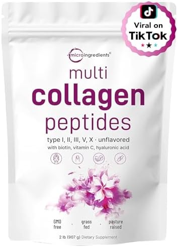 Micro Ingredients Multi Collagen Peptides Powder  1lb   Hydrolyzed Type I II III V X with Biotin 10000mcg  Hyaluronic Acid  Vitamin C   Unflavored Collagen for Women & Men  Easy Dissolve  41 Servings