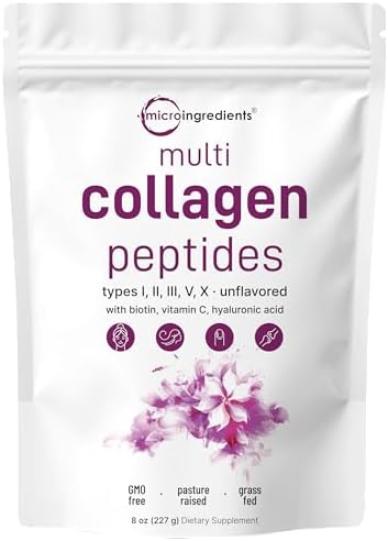 Micro Ingredients Multi Collagen Peptides Powder  1lb   Hydrolyzed Type I II III V X with Biotin 10000mcg  Hyaluronic Acid  Vitamin C   Unflavored Collagen for Women & Men  Easy Dissolve  41 Servings