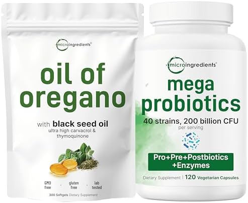 Micro Ingredients Cápsulas blandas de aceite de orégano y megaprobióticos de 200 mil millones de UFC | Paquete de 2 unidades | Timoquinona de 4 veces más semillas negras | 40 cepas + inulina, acacia y