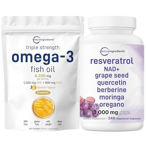 Micro Ingredients Aceite de pescado omega-3 3,000 mg cápsulas blandas y resveratrol NAD suplementos 3,000 mg cápsulas vegetarianas | Paquete de 2 | Atrapado salvaje, Burpless, sabor a limón | Mezcla