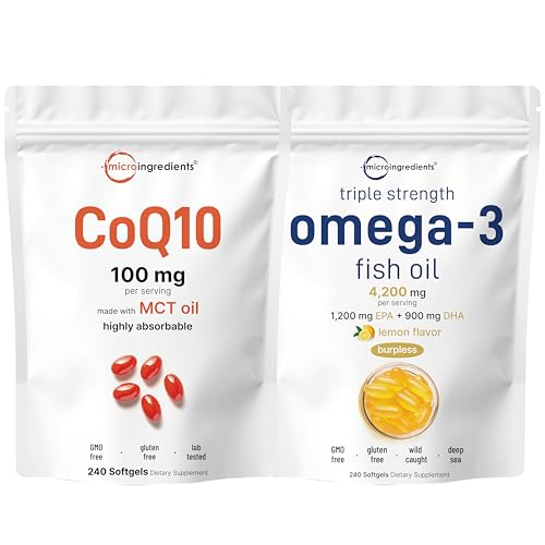 Micro Ingredients Aceite de pescado Omega-3 4,200 mg y CoQ10 100 mg cápsulas blandas paquete de 2 unidades | Pescado capturado en la naturaleza, sin eructos, sabor a limón | Ubiquinona de alta