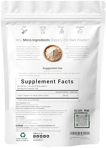 Micro Ingredients Sustainably US Grown  Organic Slippery Elm Bark Powder  1 Pound  648 Servings   Helps Soothe The Throat and Coughing  No Irradiated  No Contaminated  No GMOs  Pet Friendly