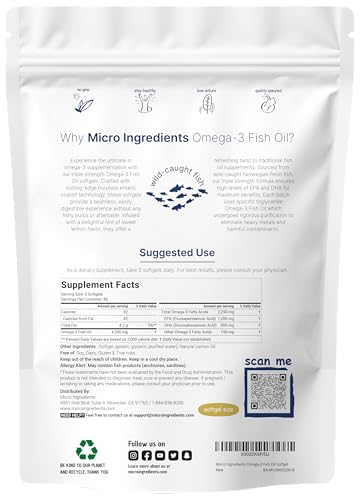Micro Ingredients Triple Strength Omega 3 Fish Oil Supplements 4200mg Per Serving  240 Softgels   Lemon Flavored   Burpless   EPA 1200mg   DHA 900mg   Deep Sea Fish