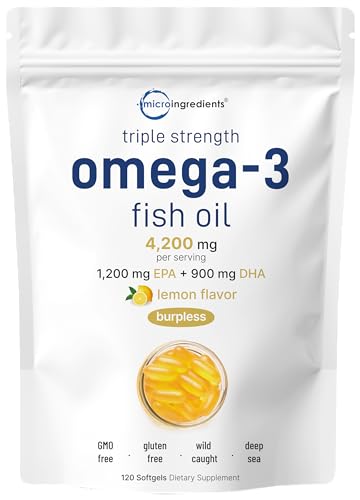 Micro Ingredients Triple Strength Omega 3 Fish Oil Supplements 4200mg Per Serving  120 Softgels   Lemon Flavored   Burpless   EPA 1200mg   DHA 900mg   Deep Sea Fish